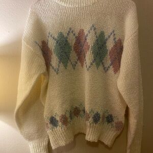 Women’s SzL Vintage Cream Argyle Sweater Floral Cottagecore grandmacore